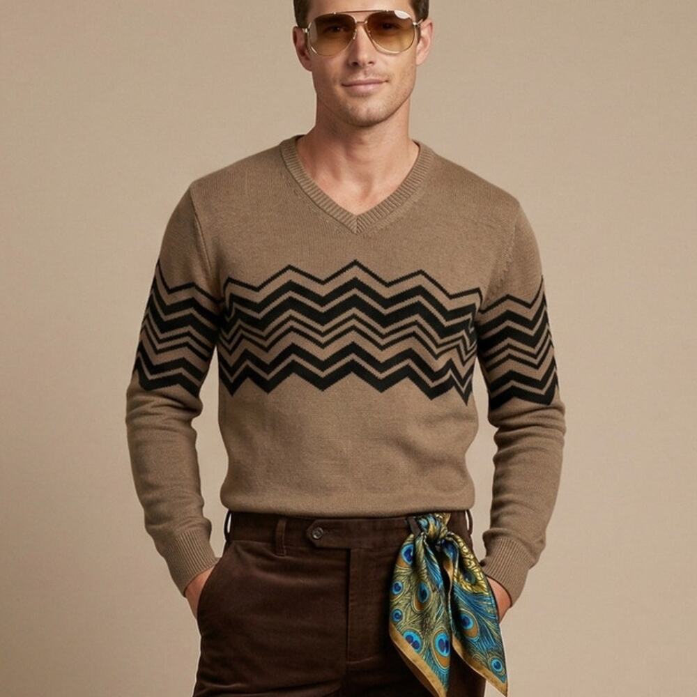 MR TURK Merino wool V-Neck Sweater in tan brown size Small